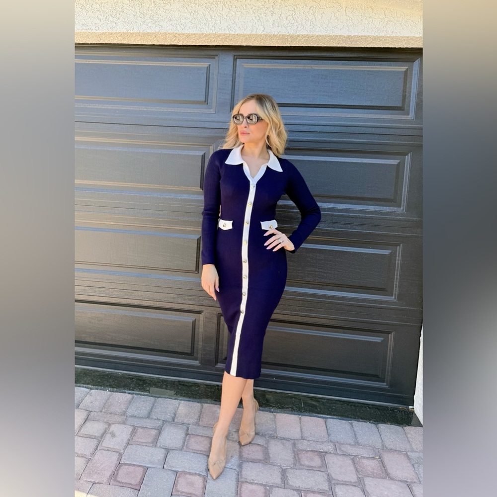228 ‘Alex’ Elegant Navy Blue Button-Up Dress - Picture 8 of 8